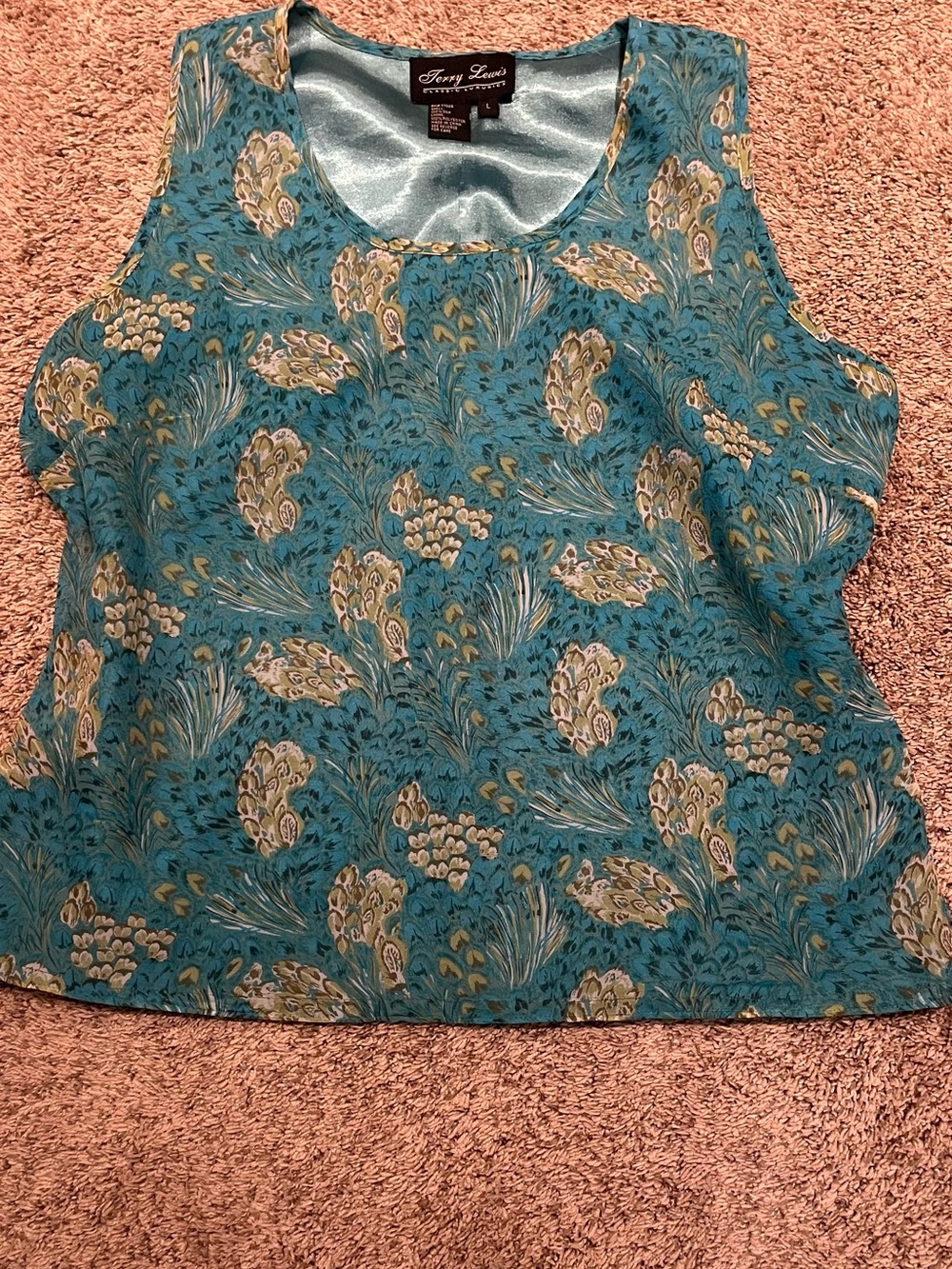Terry Lewis Classic Luxuries 100% Silk Teal Floral Print Tank